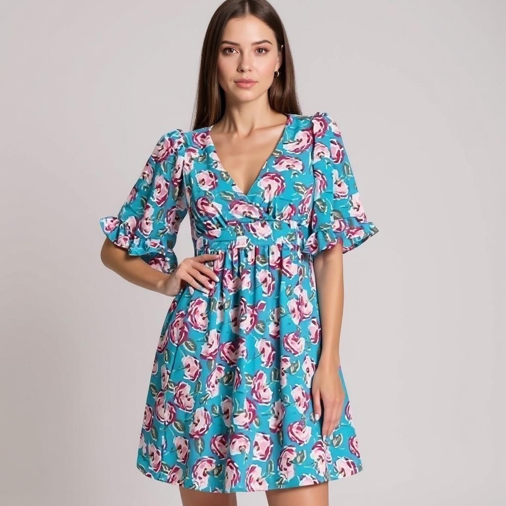Betsey Johnson Blue Floral Fit & Flare Dress – Size 4p - Picture 3 of 13